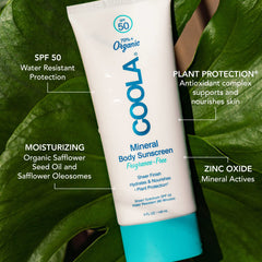 COOLA sunscreen lotion texture close-up illustrating smooth, hydrating spreadability