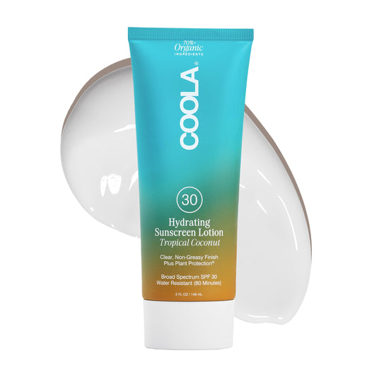 COOLA front packaging shows tropical coconut SPF 30 and easy application