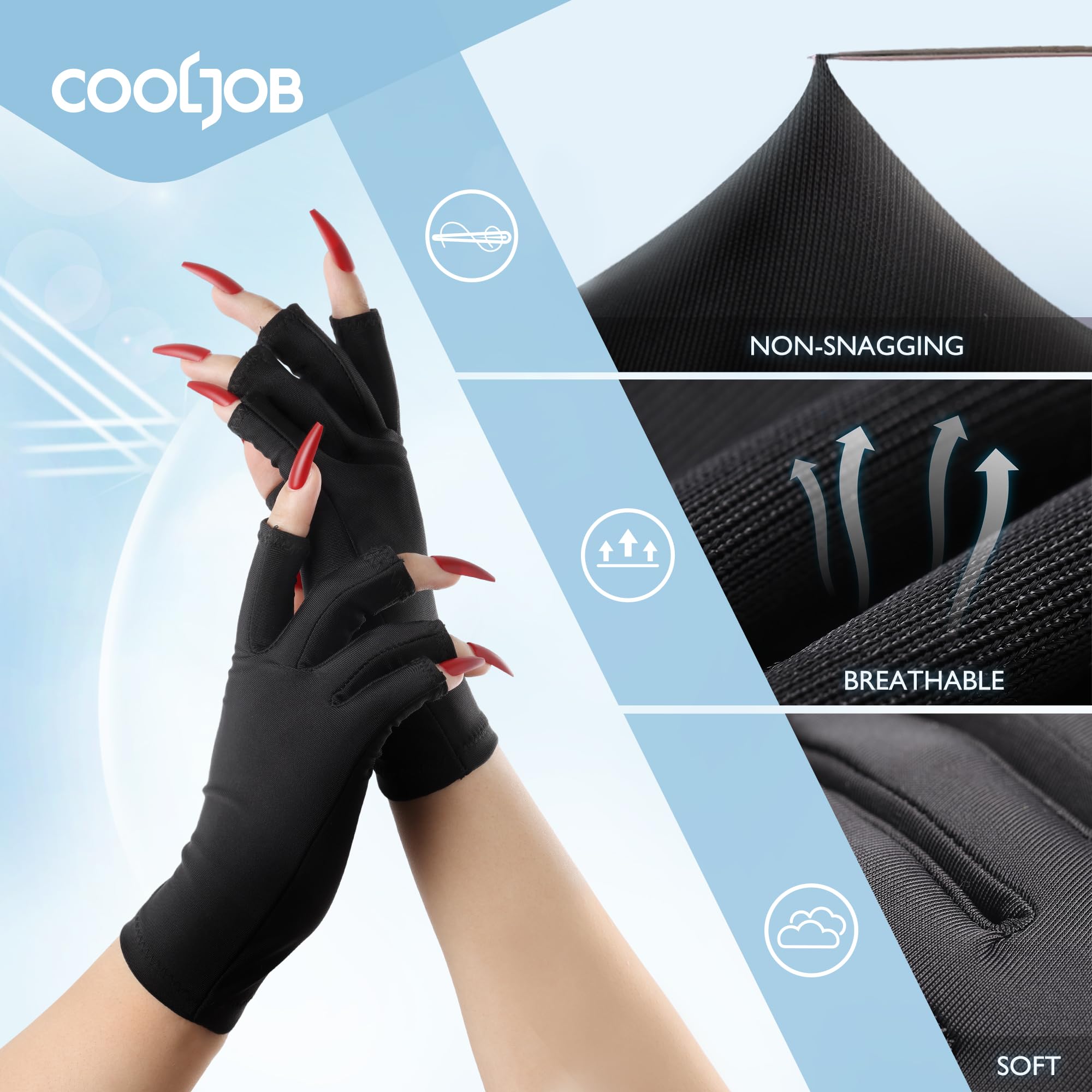 COOLJOB fingerless detail showing fingertip control for manicure tasks
