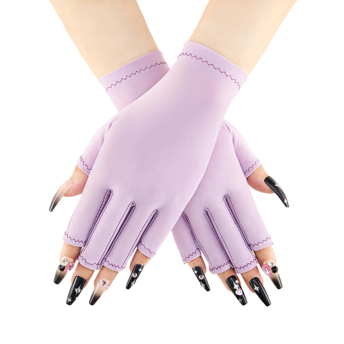 COOLJOB front view of purple gloves showing fingerless fit and UPF protection
