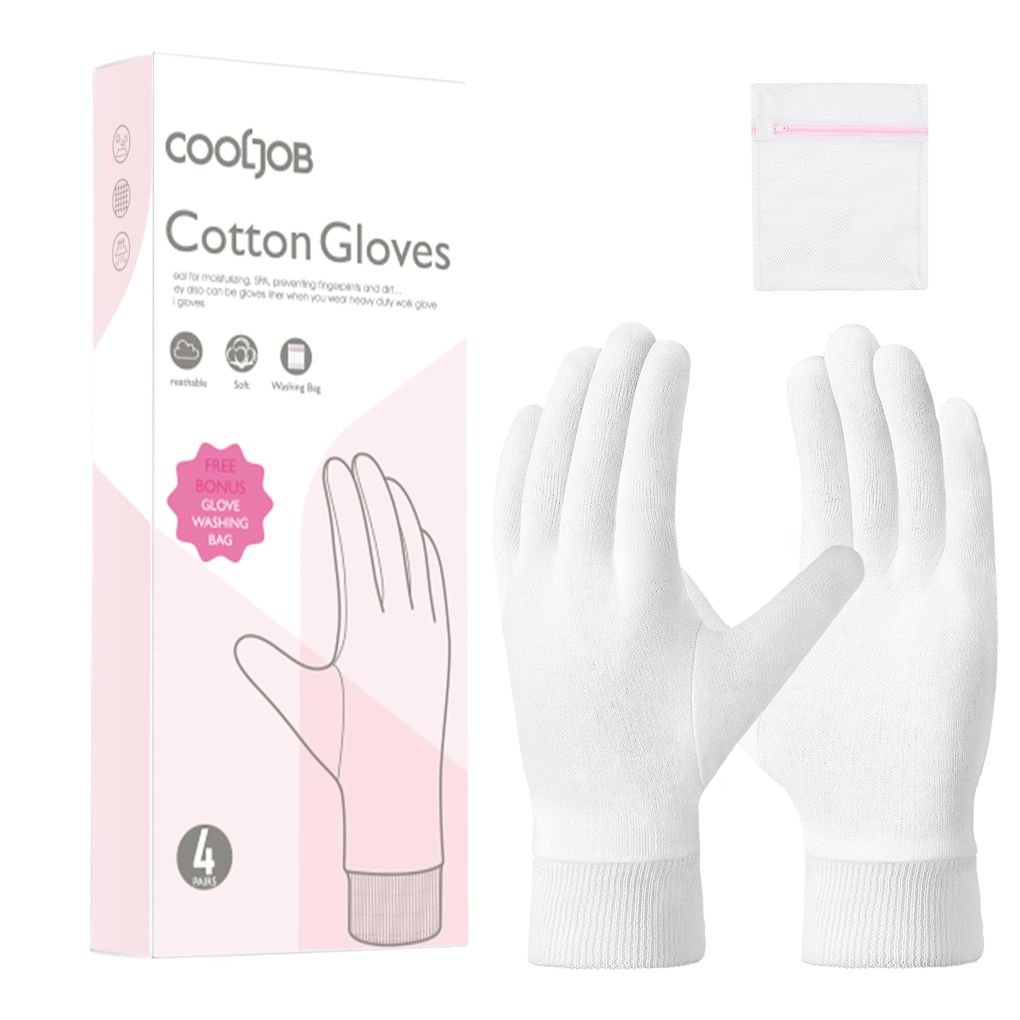 COOLJOB front packaging showing four white glove pairs and benefits