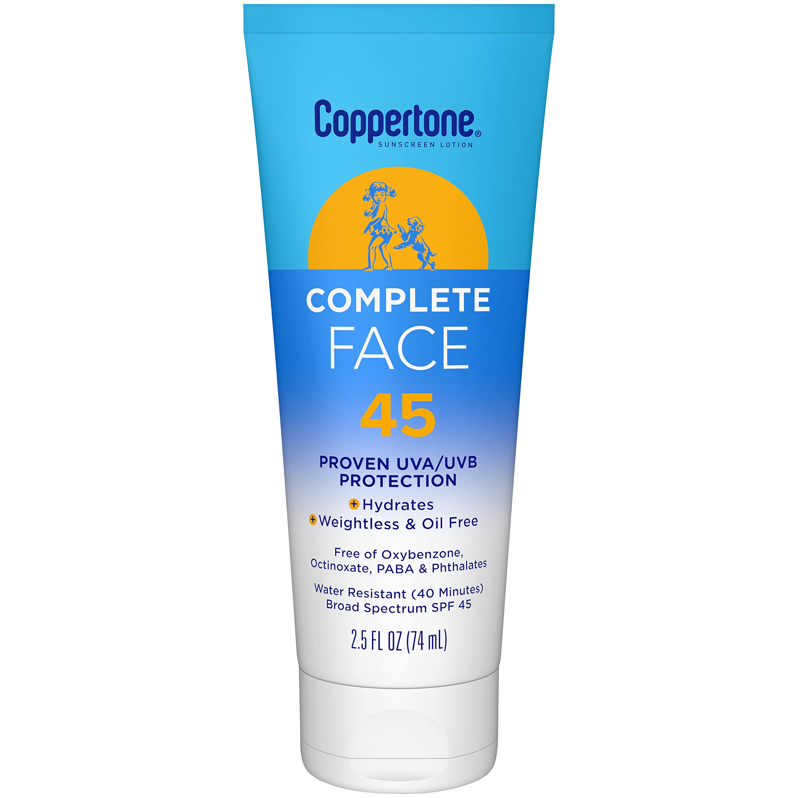 Coppertone tube front showing SPF 45 and lightweight benefit
