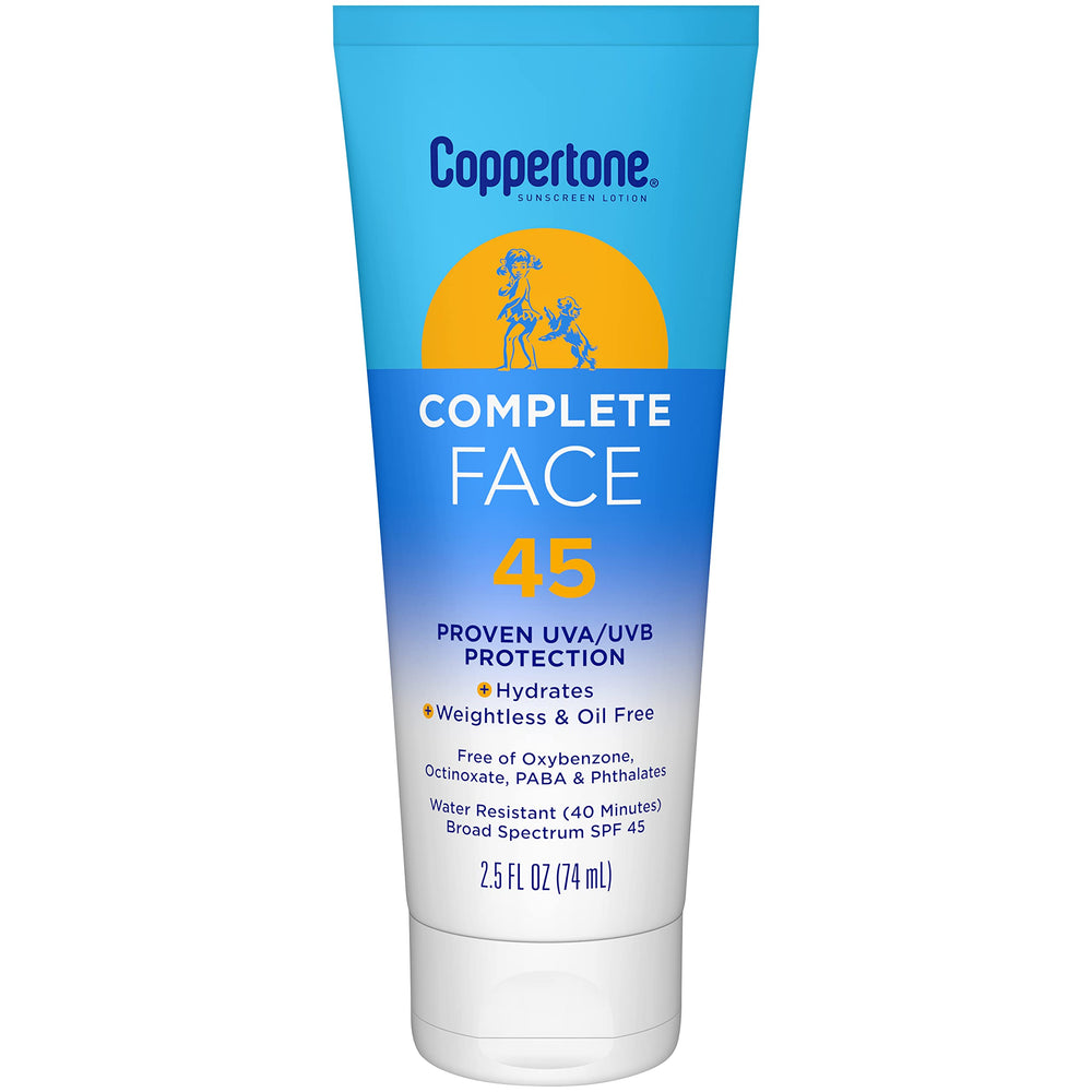 Coppertone tube front showing SPF 45 and lightweight benefit