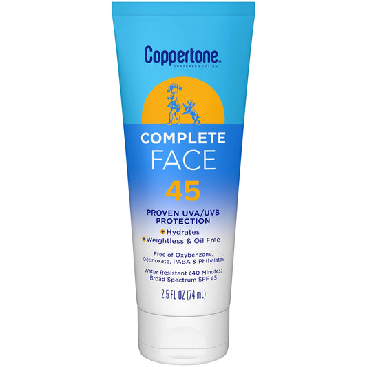 Coppertone tube front showing SPF 45 and lightweight benefit