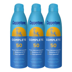 Coppertone Complete front packaging showing three 5.5 oz bottles and SPF 50 protection