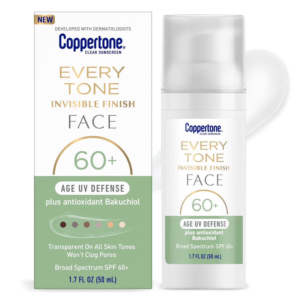 Coppertone pump bottle front view showing compact travel-friendly design and protection