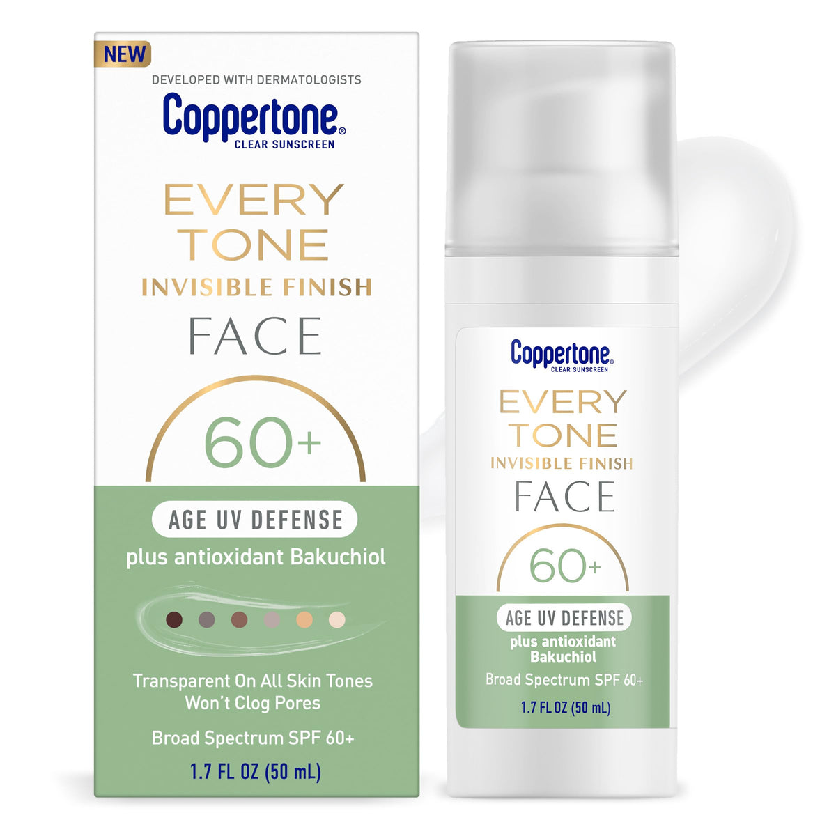 Coppertone pump bottle front view showing compact travel-friendly design and protection