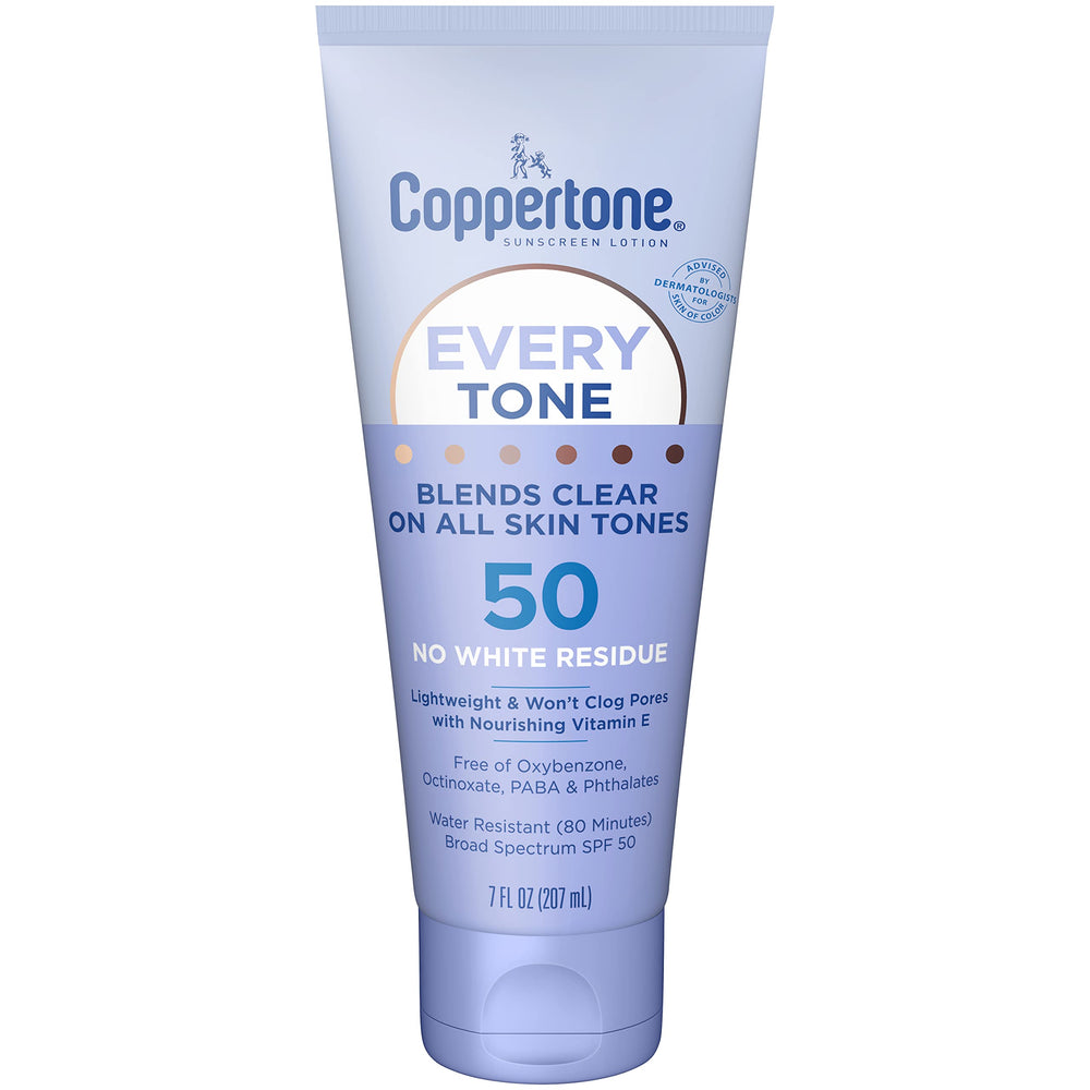 Coppertone Every Tone front tube showing product and SPF 50 benefit