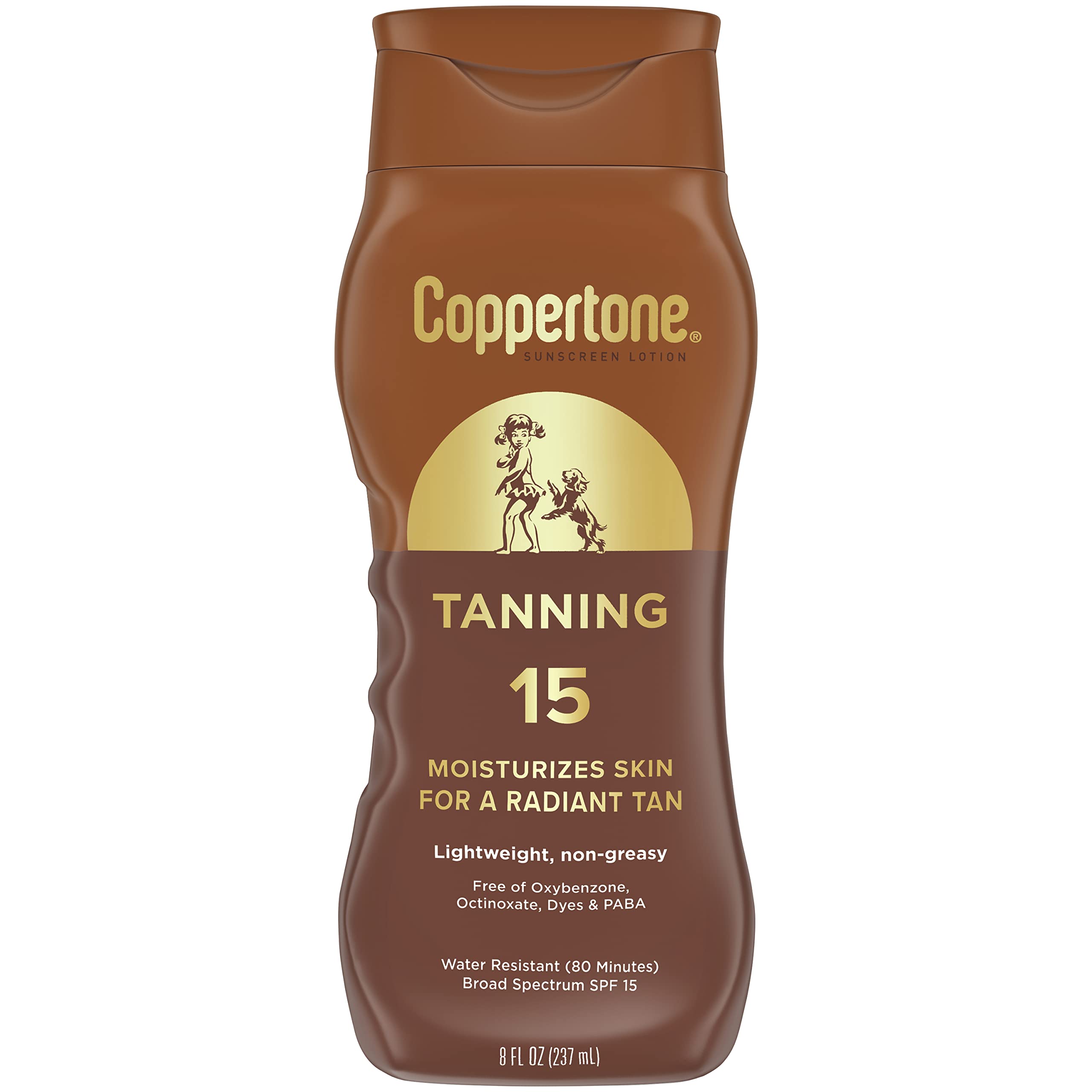 Coppertone front label close-up showing SPF 15 and bottle design for easy identification and use