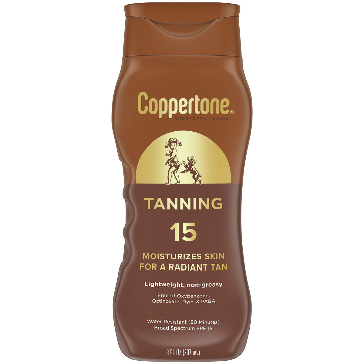 Coppertone front label close-up showing SPF 15 and bottle design for easy identification and use