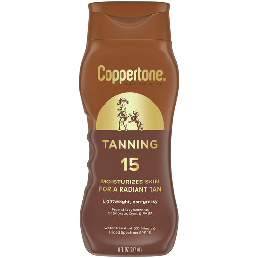 Coppertone front label close-up showing SPF 15 and bottle design for easy identification and use