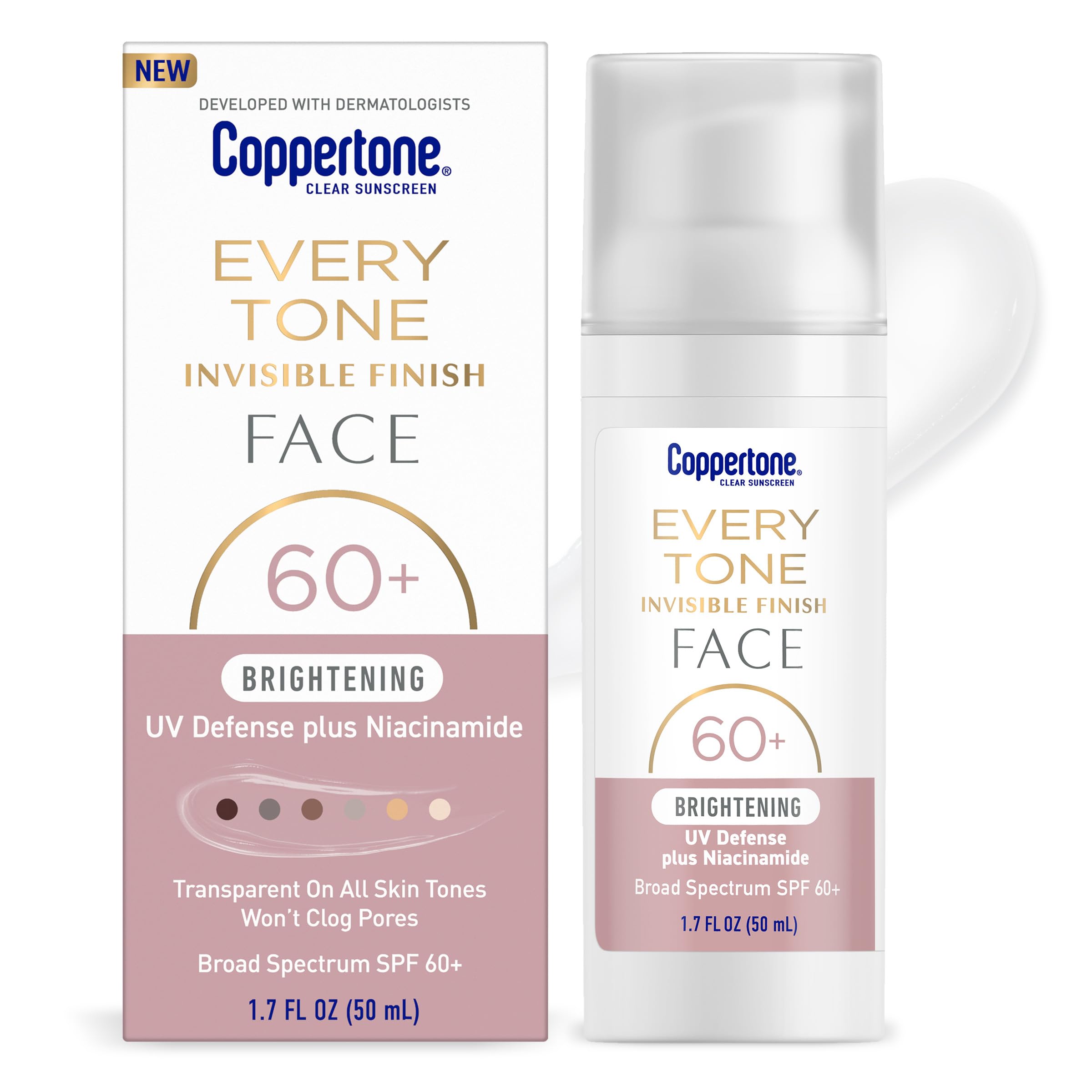 Coppertone front pump bottle showing clear sunscreen and convenient dispensing