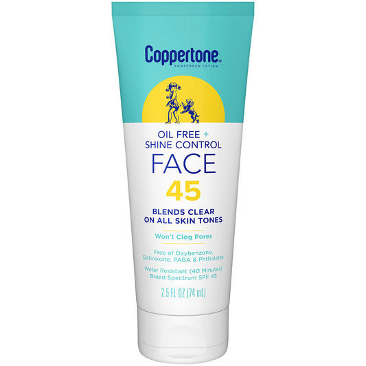 Coppertone front tube showing SPF 45 and oil free benefit