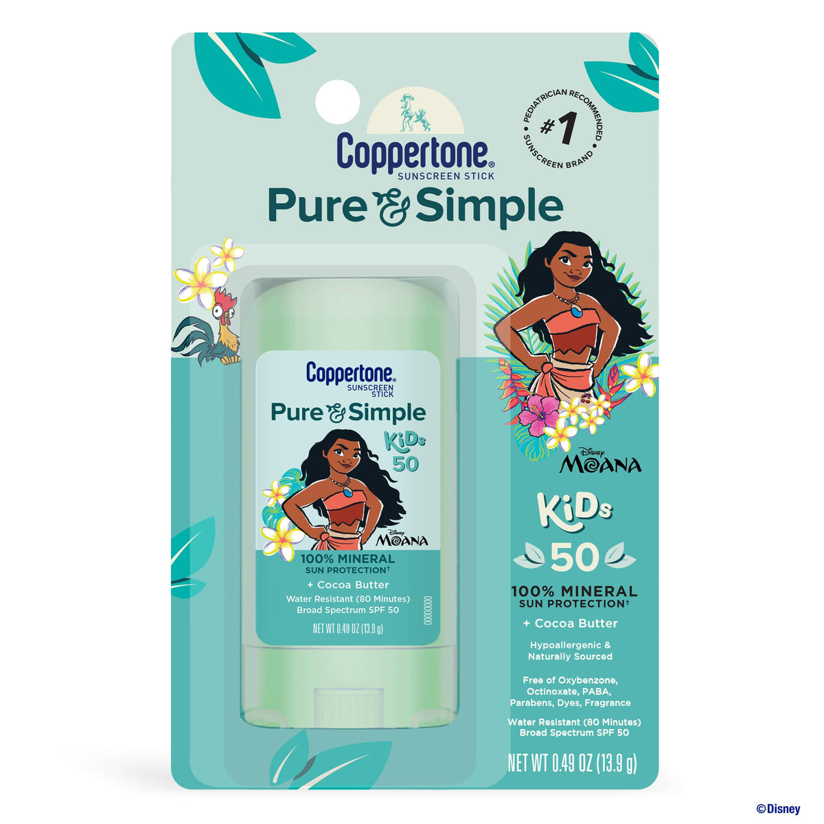 Coppertone Disney Moana front packaging showing SPF 50 protection benefits