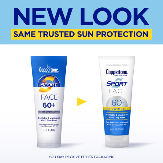 Coppertone sport face back label with usage details and benefits