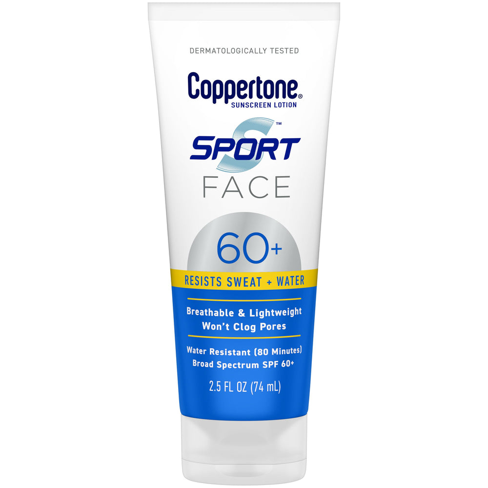 Coppertone sport face front tube showing SPF 60+ protection benefit