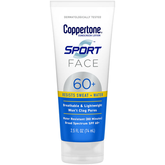 Coppertone sport face front tube showing SPF 60+ protection benefit
