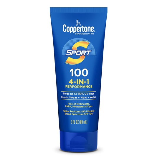 Coppertone SPORT front packaging showing SPF 100 and water resistant benefit