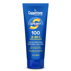 Coppertone SPORT front packaging showing SPF 100 and water resistant benefit