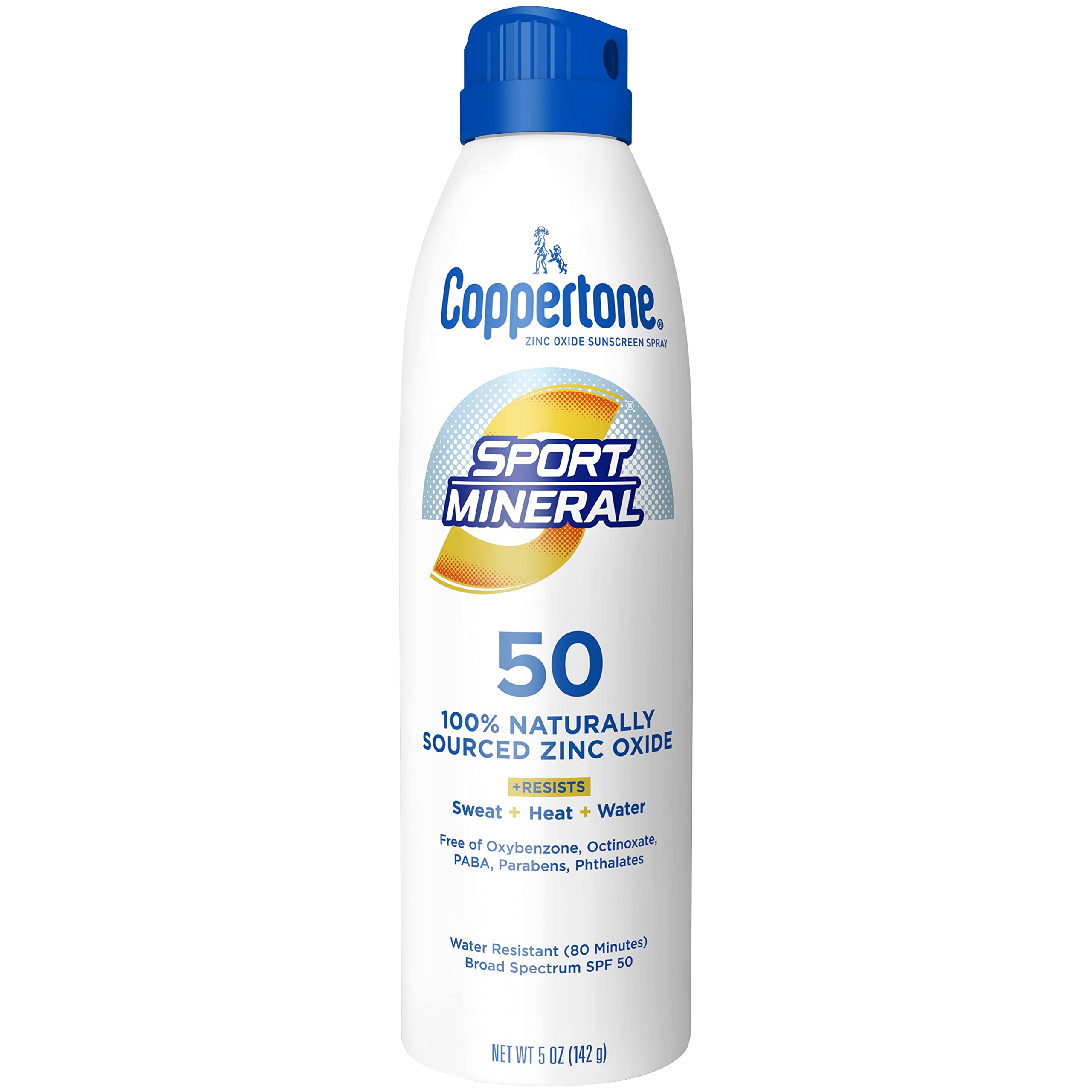 Coppertone front packaging showing spray can and SPF 50 benefit