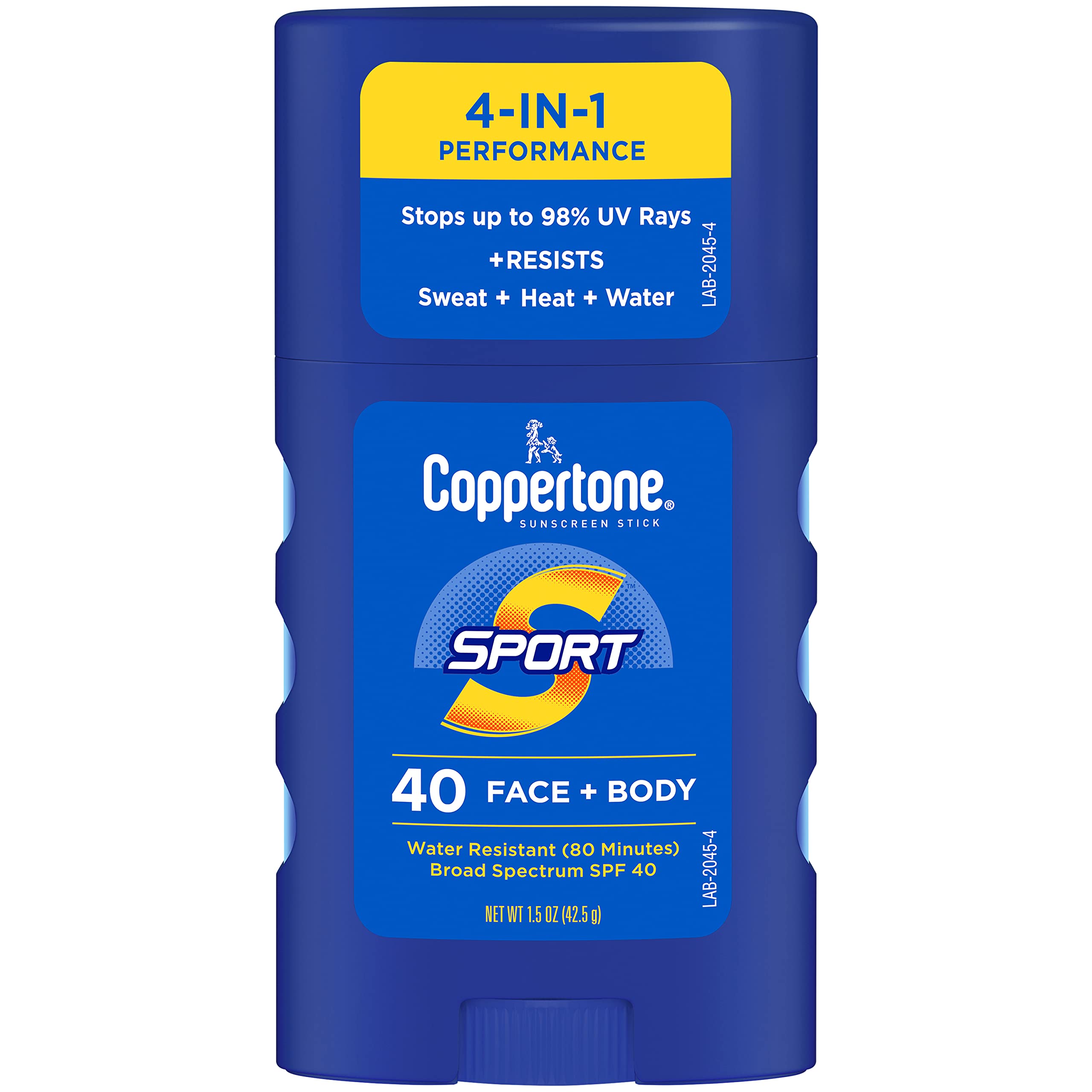 Coppertone Sport stick front packaging showing SPF 40 protection and travel size