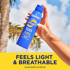Coppertone sport with water droplets illustrating 80 minutes water-resistant benefit