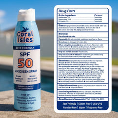 Coral Isles bottle backside showing directions and water-resistant benefit