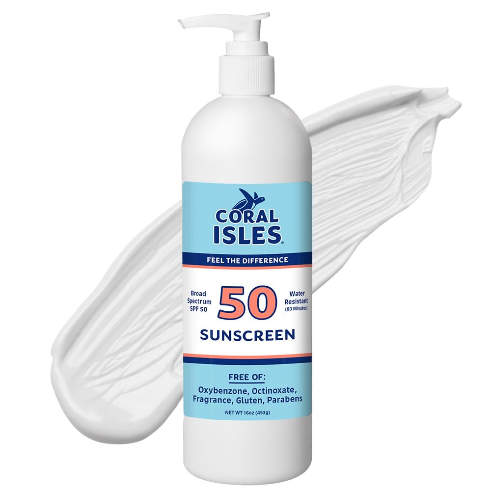 Coral Isles front packaging 16oz showing SPF 50 protection and reef safe benefits