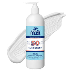 Coral Isles front packaging 16oz showing SPF 50 protection and reef safe benefits