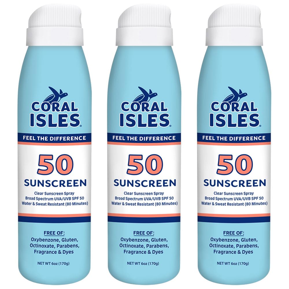 Coral Isles front packaging showing three SPF 30 bottles and portability benefit