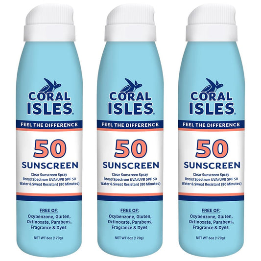 Coral Isles front packaging showing three SPF 30 bottles and portability benefit