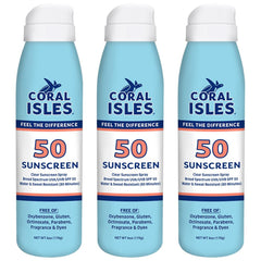 Coral Isles front packaging showing three SPF 30 bottles and portability benefit