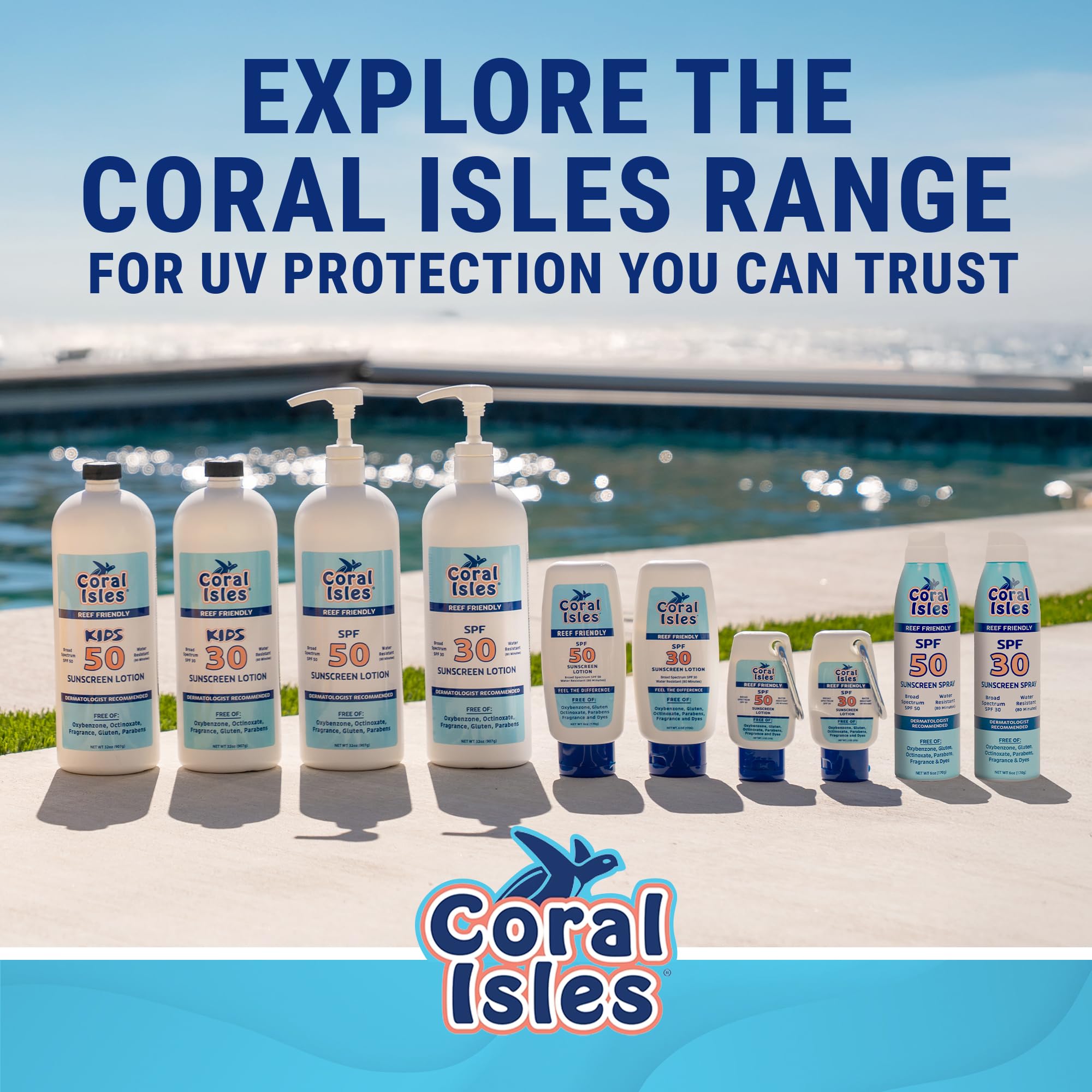 Coral Isles bottle next to hand showing 6 fl oz travel-friendly size benefit