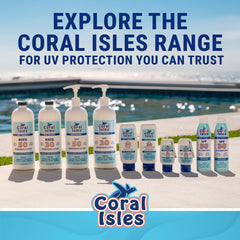 Coral Isles bottle next to hand showing 6 fl oz travel-friendly size benefit