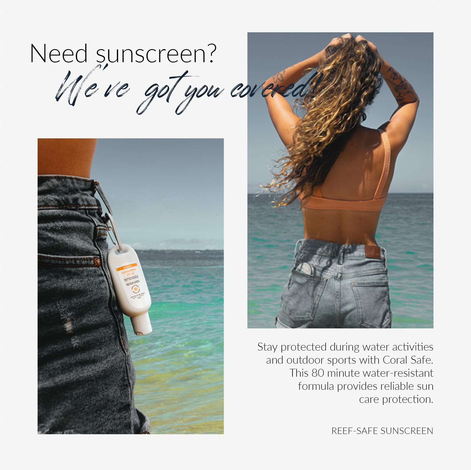 Coral Safe next to sunscreen kit illustrating convenient travel packing