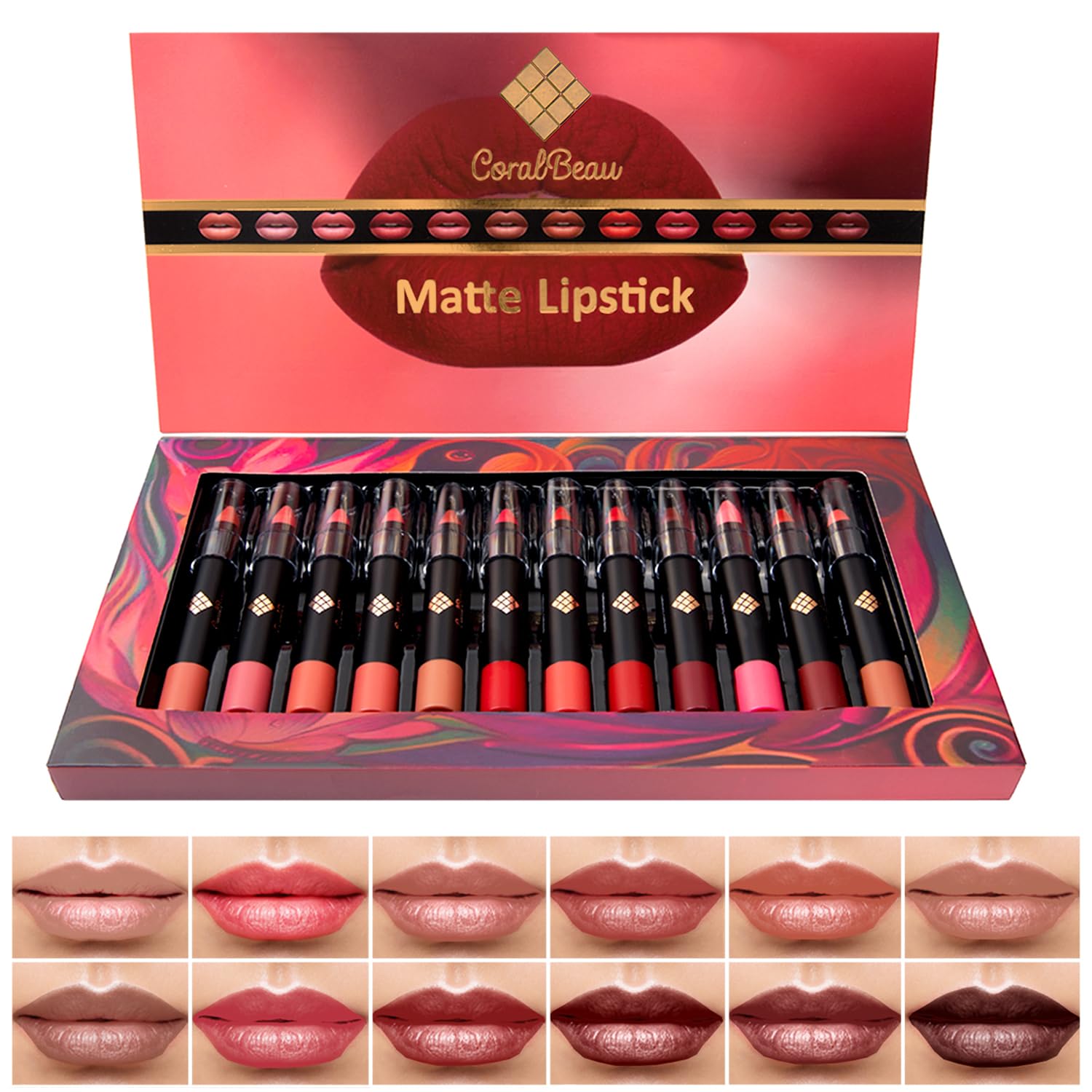 CoralBeau front packaging showing all twelve matte lip crayons and variety
