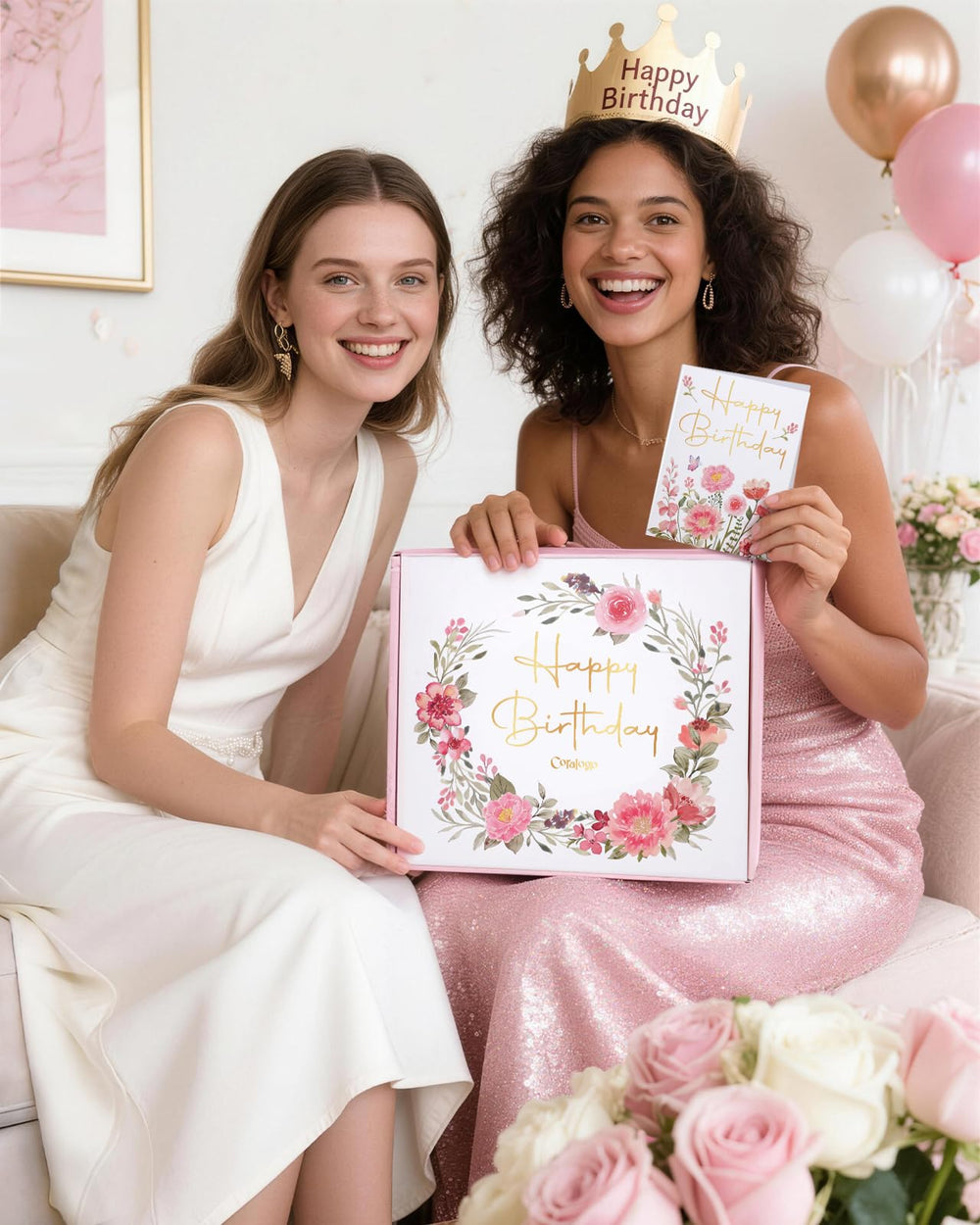 Coralogo gift box next to a hand and greeting card to show scale and ready-to-gift appeal