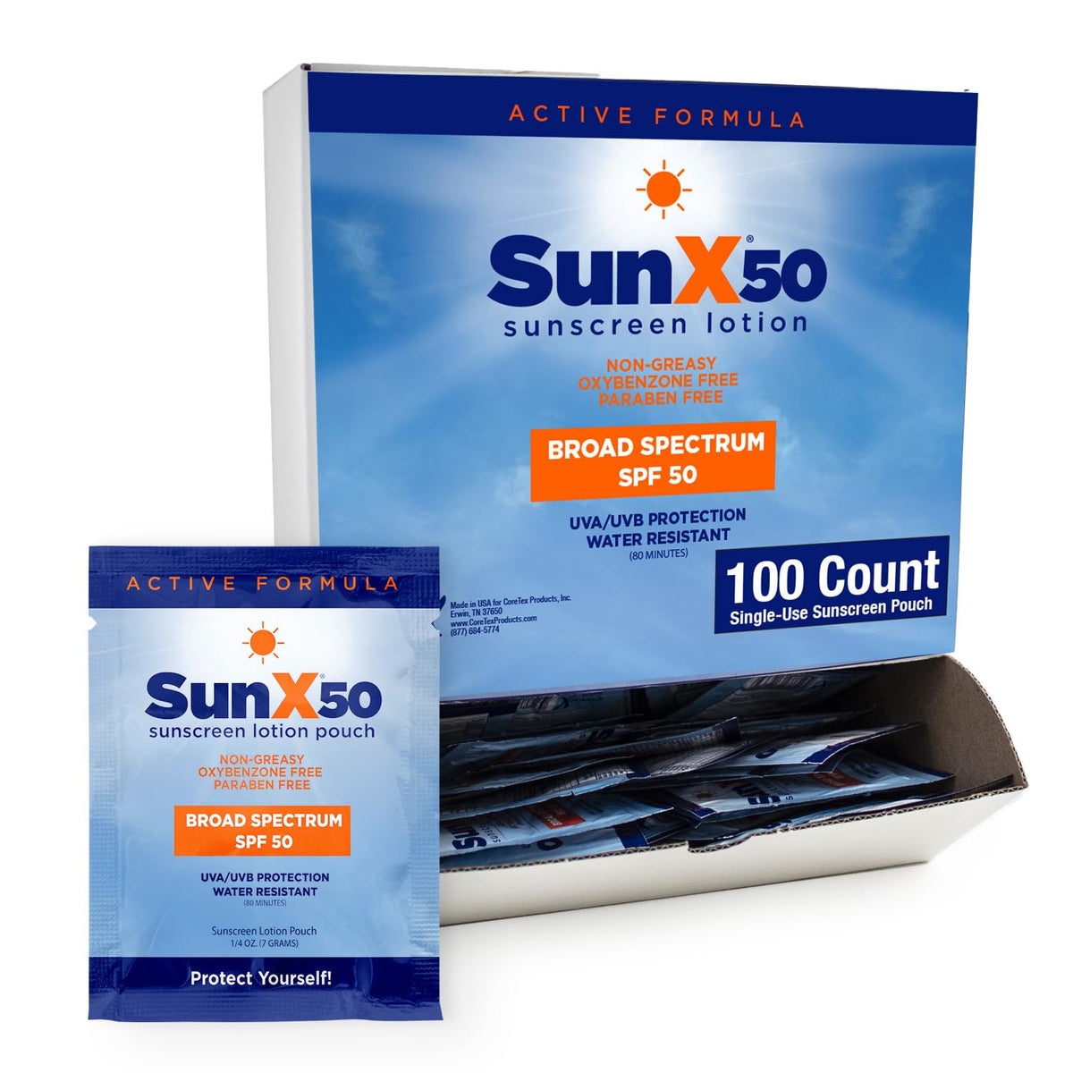 CoreTex packet front view showing branding and SPF50, convenient protection