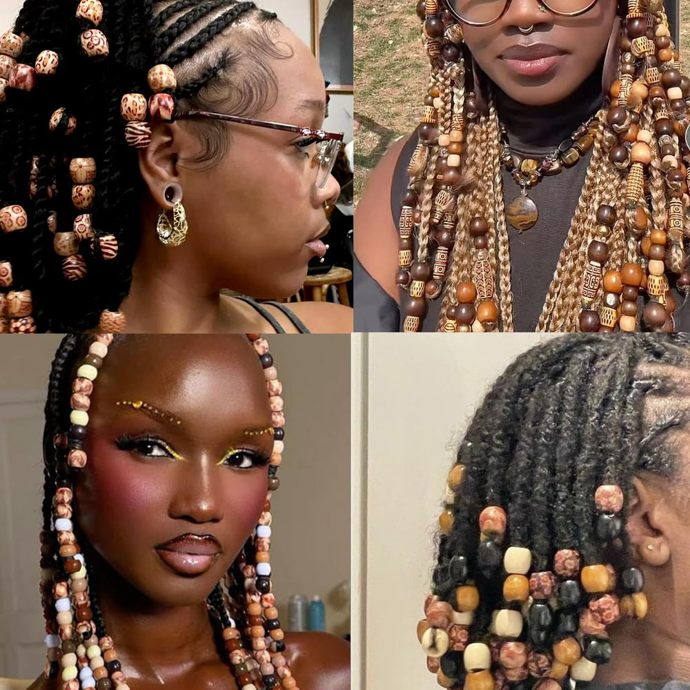 Coriario beads threaded in braids demonstrating decorative hairstyle benefit