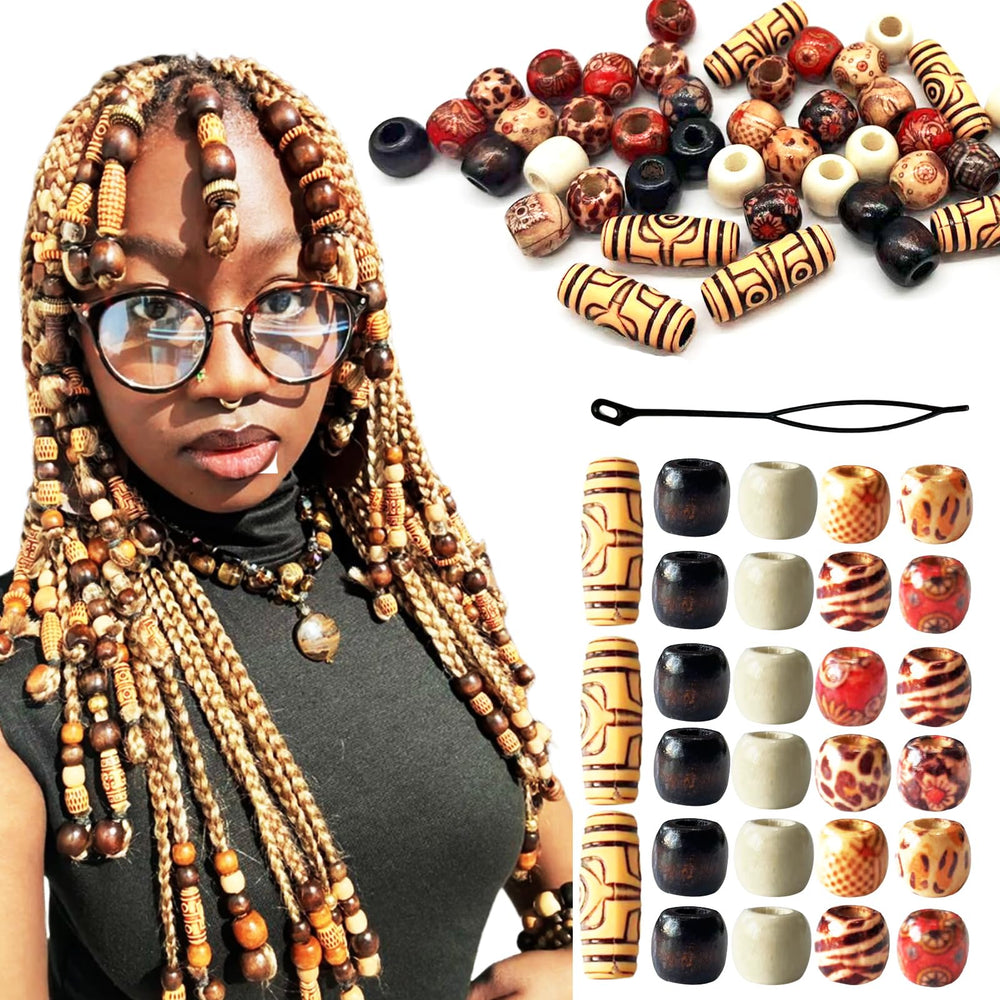 Coriario front packaging showing 60 wood beads and tool for easy styling