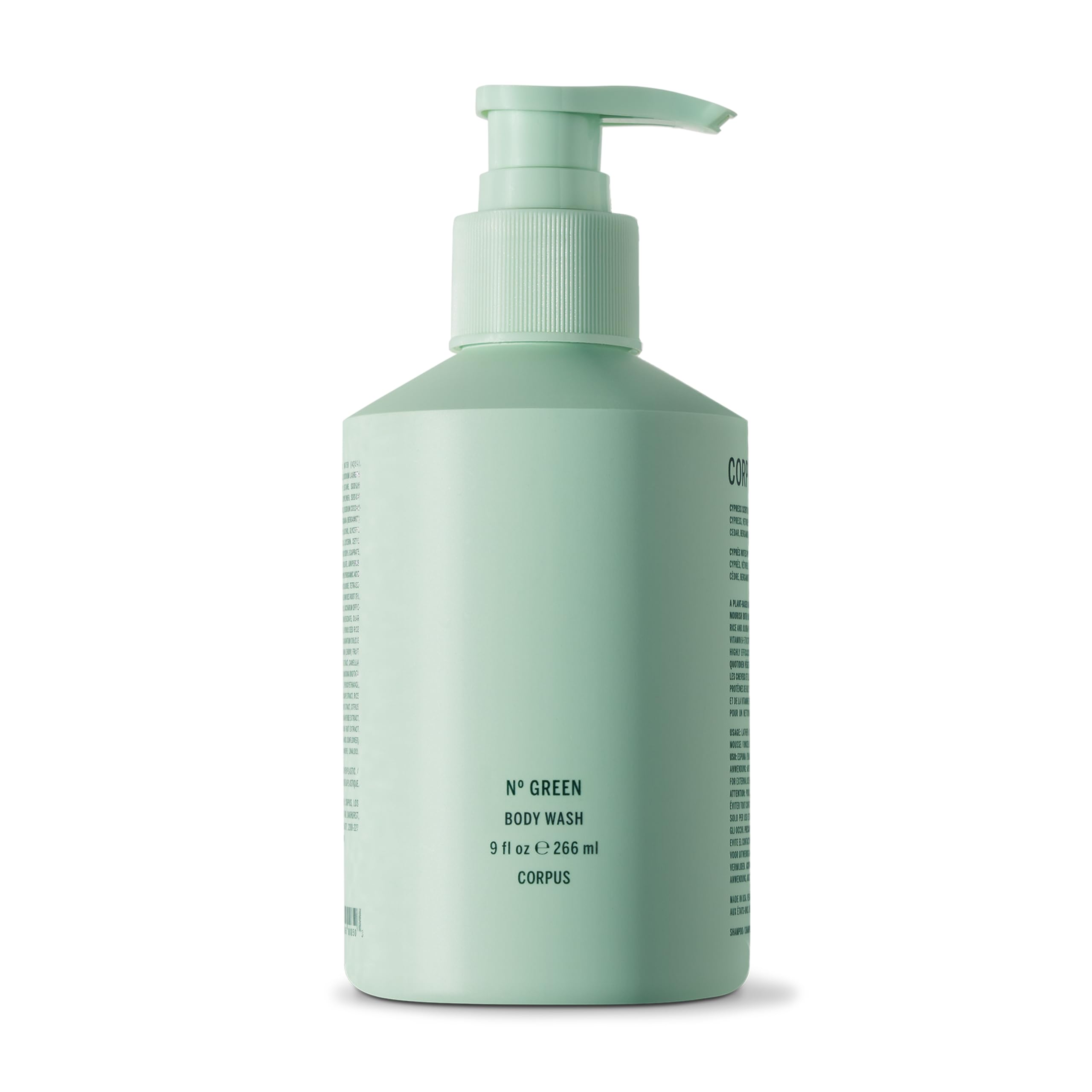Corpus bottle front view showing label and citrus-green hue for clear product ID and appeal