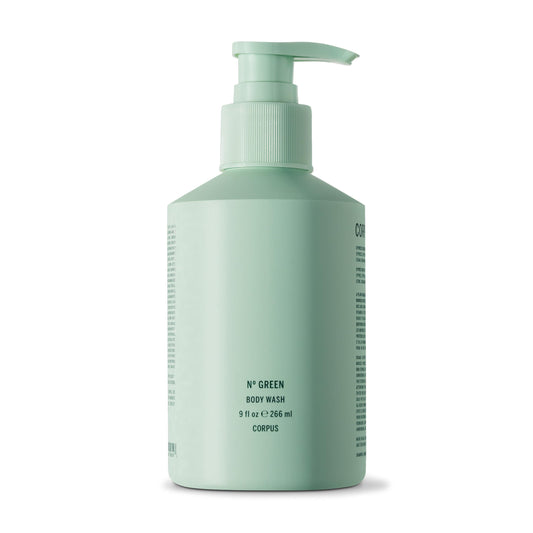 Corpus bottle front view showing label and citrus-green hue for clear product ID and appeal