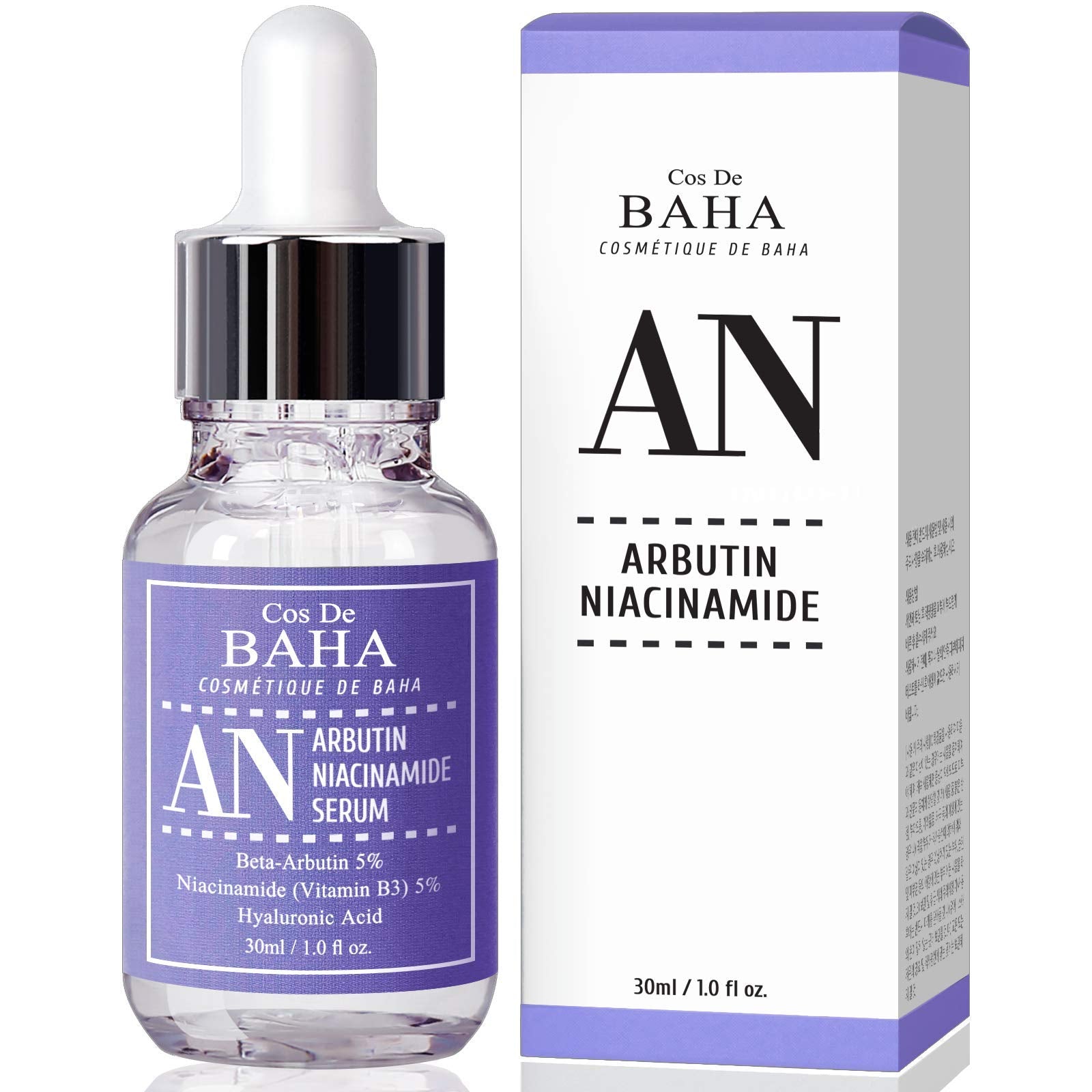 Cos De BAHA front packaging showing serum bottle and branding benefits