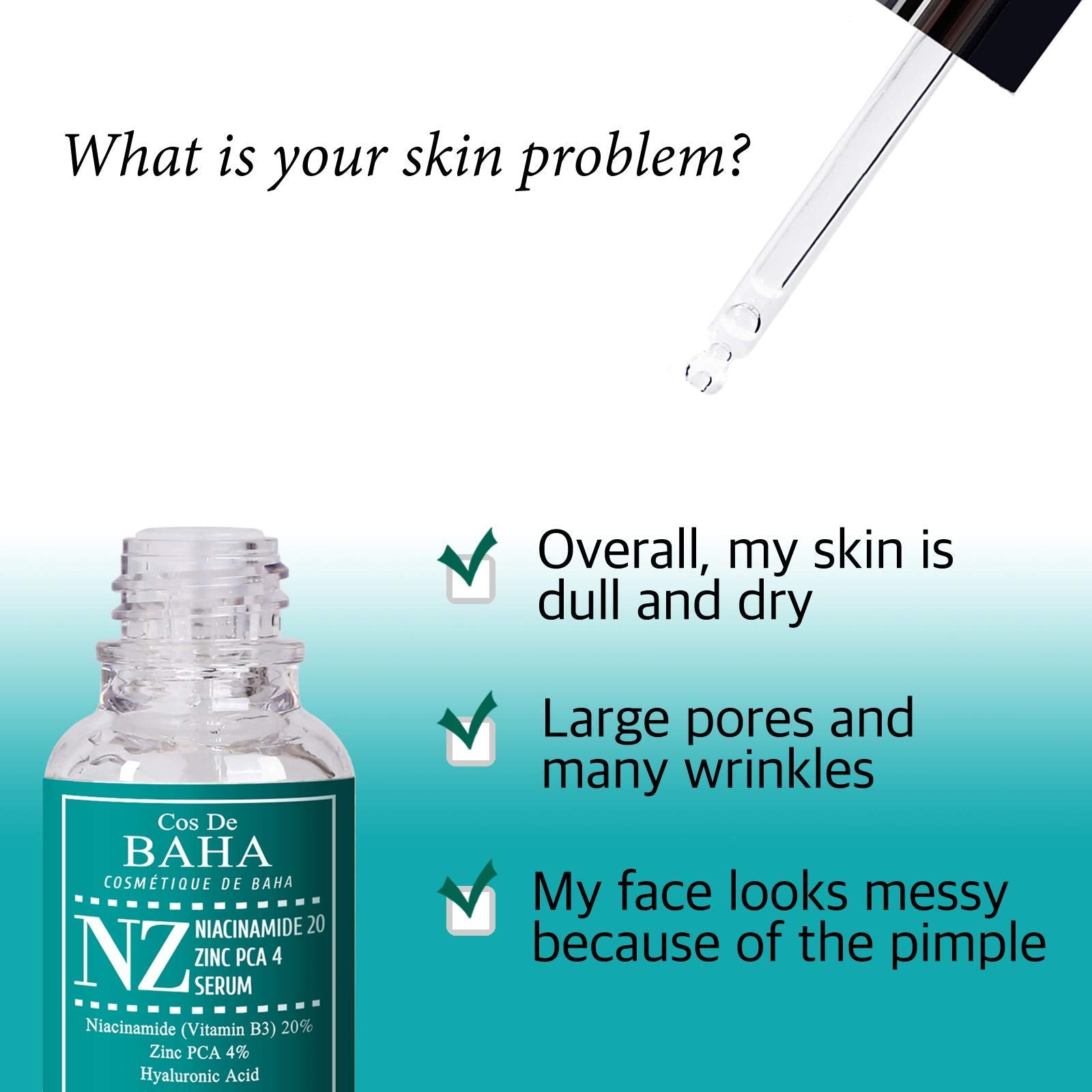 Cos De BAHA serum texture on skin from pipette showing lightweight absorption benefit