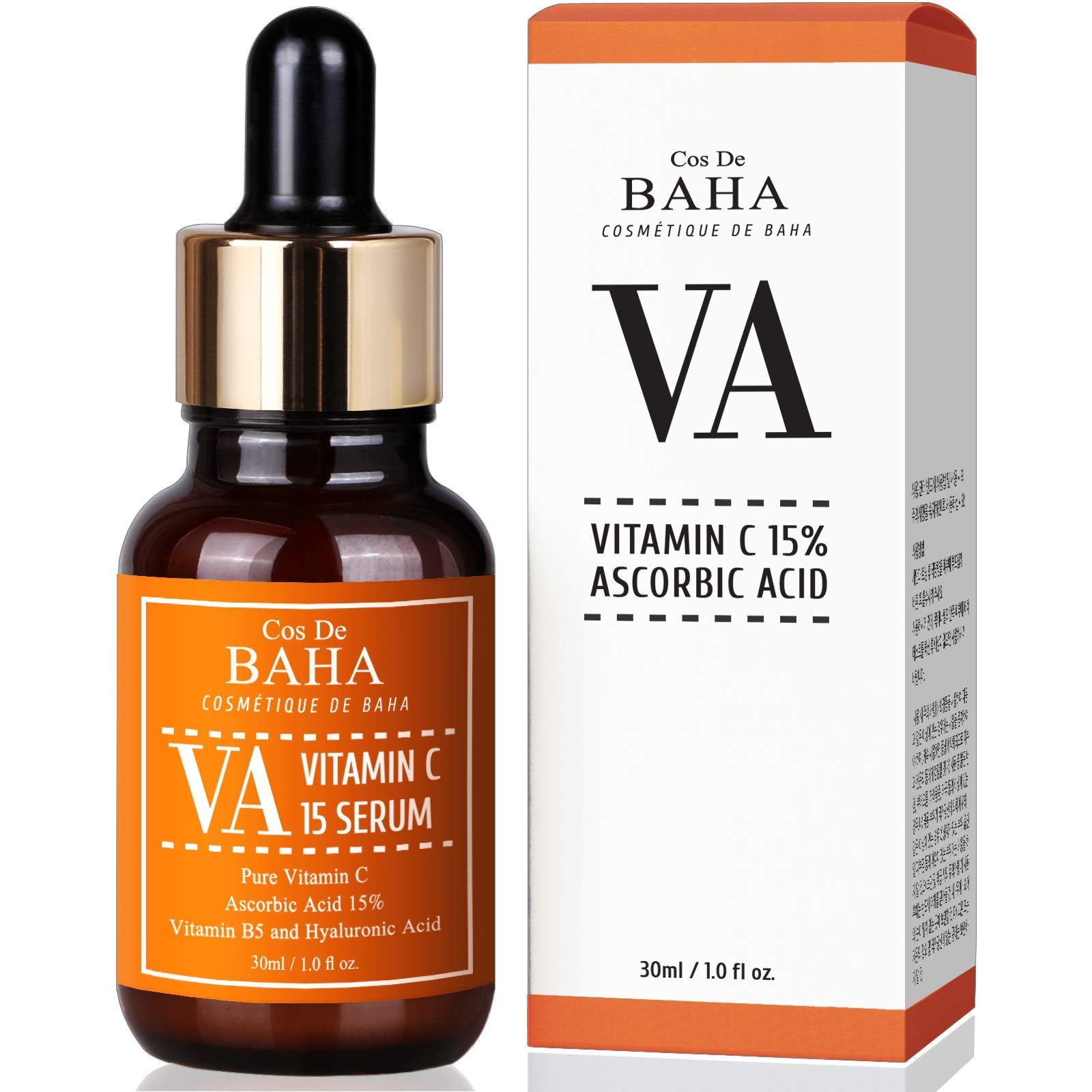 Cos De BAHA front bottle view showing clear vitamin C serum for brightening