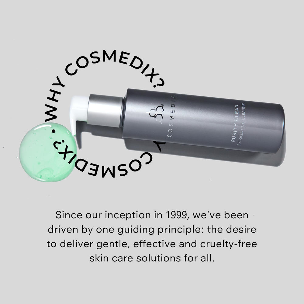 COSMEDIX bottle on vanity with towel portraying daily routine and hydrated skin