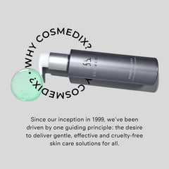 COSMEDIX bottle on vanity with towel portraying daily routine and hydrated skin