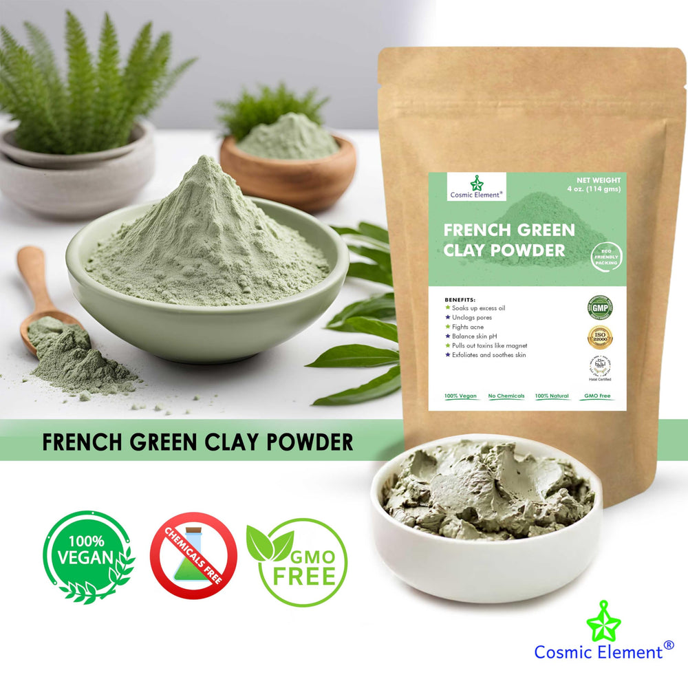 Cosmic Element green clay face mask applied showing clearer pores