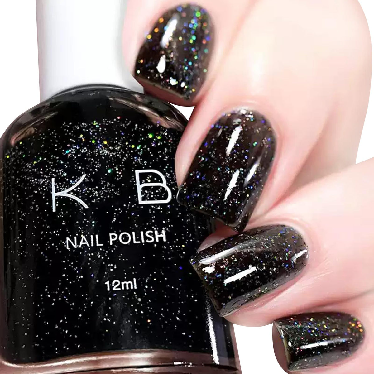 COSMOO front bottle view showing black glitter polish and brand appeal