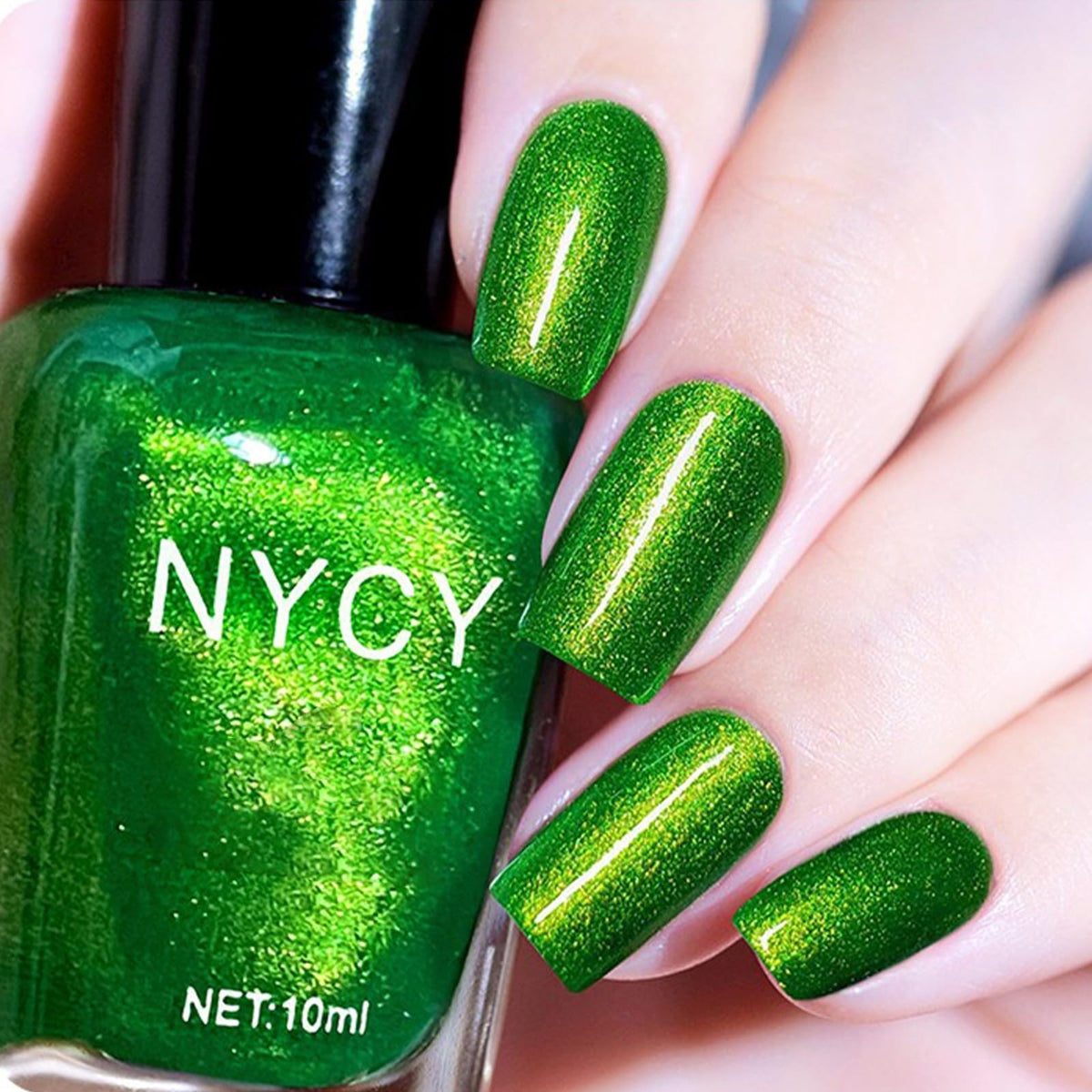 COSMOO front bottle shot showing vibrant emerald color and shimmer benefit